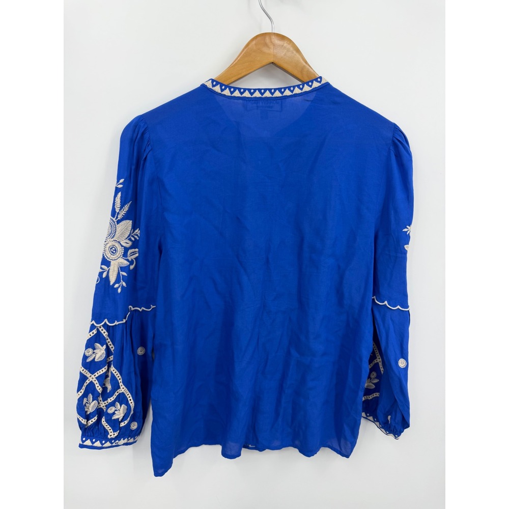 Johnny Was Workshop scalloped Embroidered Blouse Women M Blue Button Front Modal - Picture 3 of 7